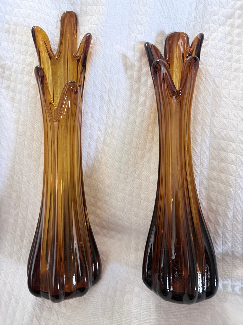 Vintage MCM pair of Viking Glass Epic 6-Petal Swung Vase in Amber Honey Gold